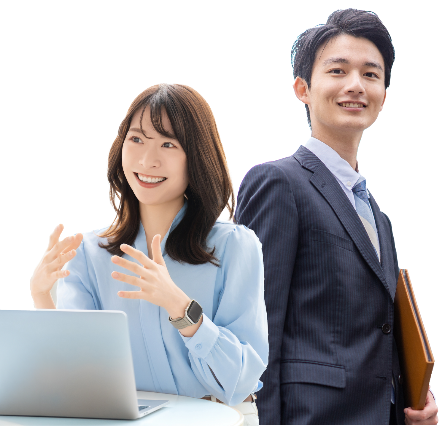 相談に乗る女性スタッフと笑顔の男性スタッフ